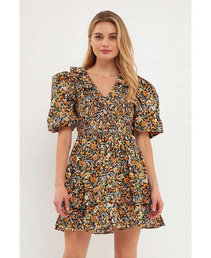 English Factory Women's Plunge V Smocked Cotton Floral Mini Dress - Macy's