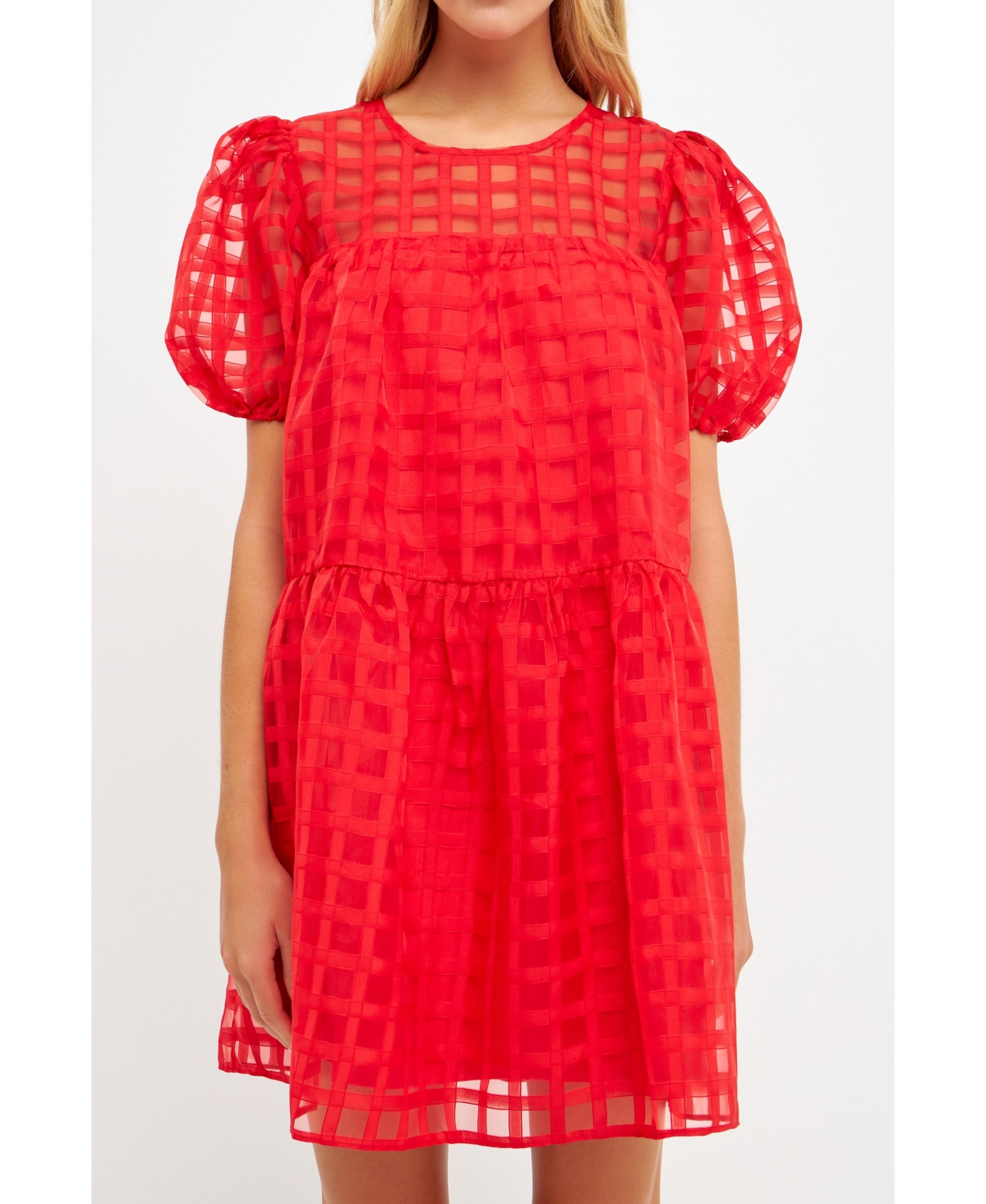 Shop English Factory Women's Gridded Puff Sleeve Dress In Red