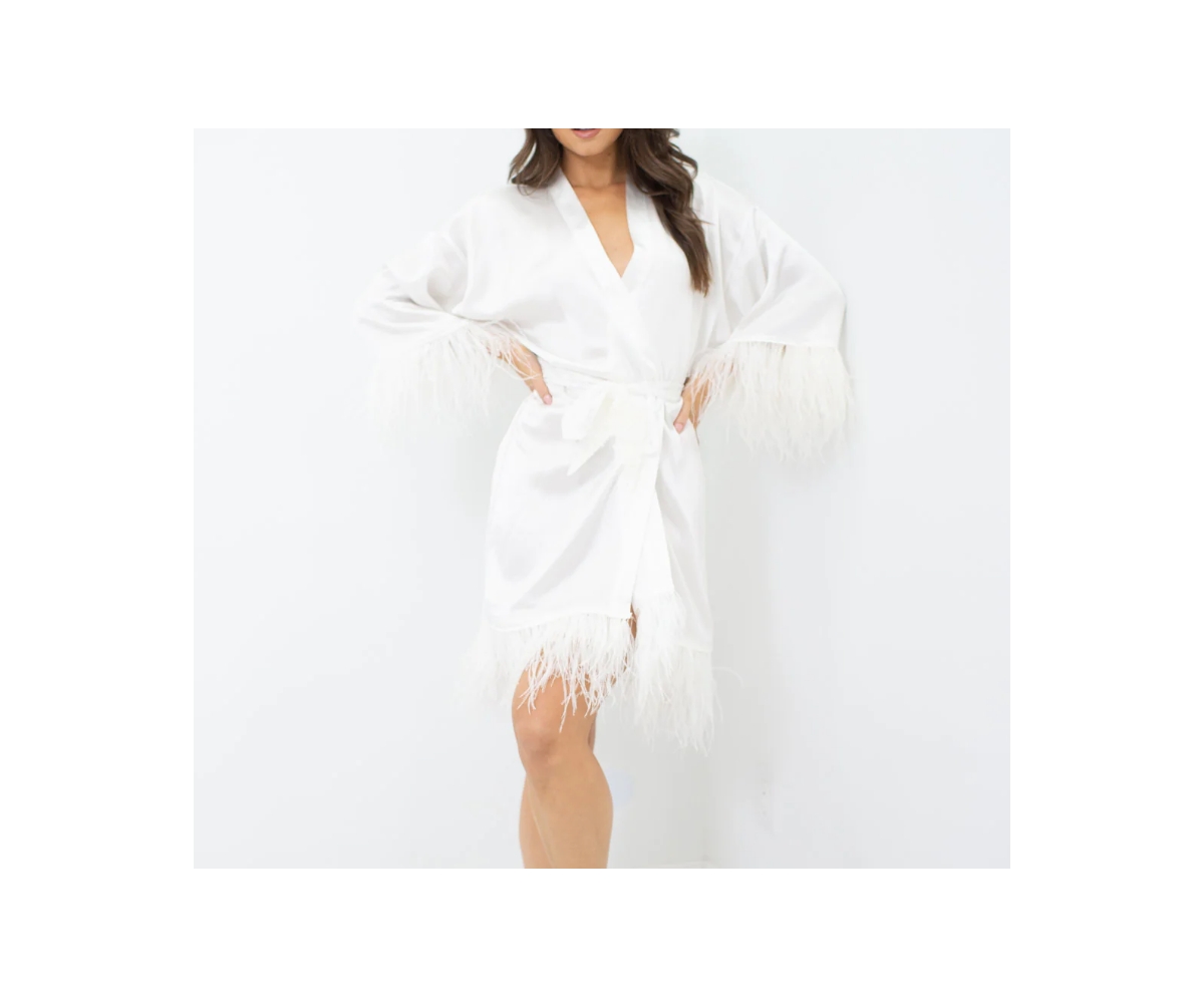 Women's Silk Robe - Short - Ostrich Feather Trim Hem and Sleeve - Silk Collection - Dove white