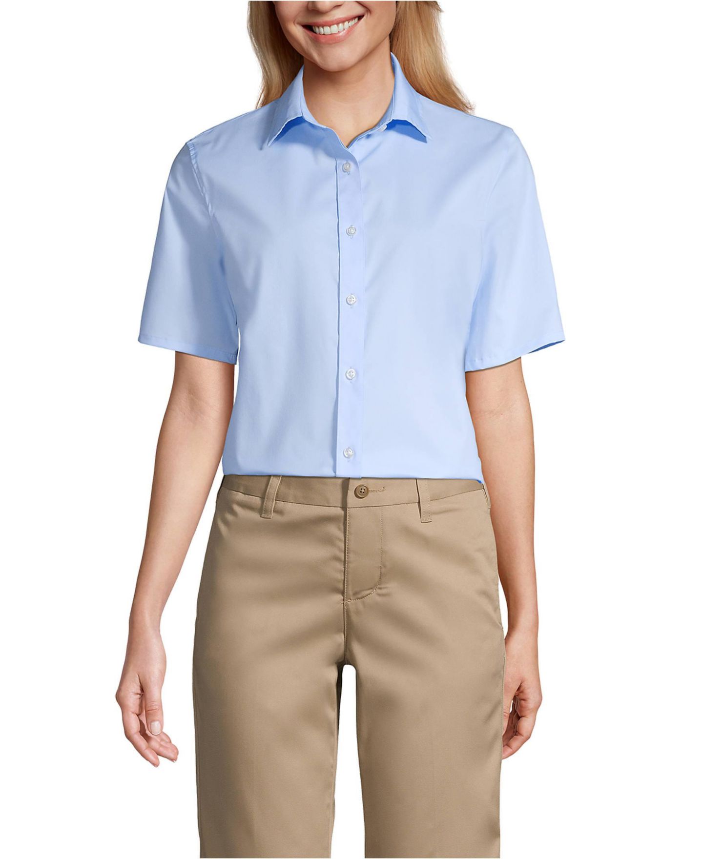 Женская рубашка Lands' End No Gape Short Sleeve Stretch, цвет: Светлый морской синий — фото 1