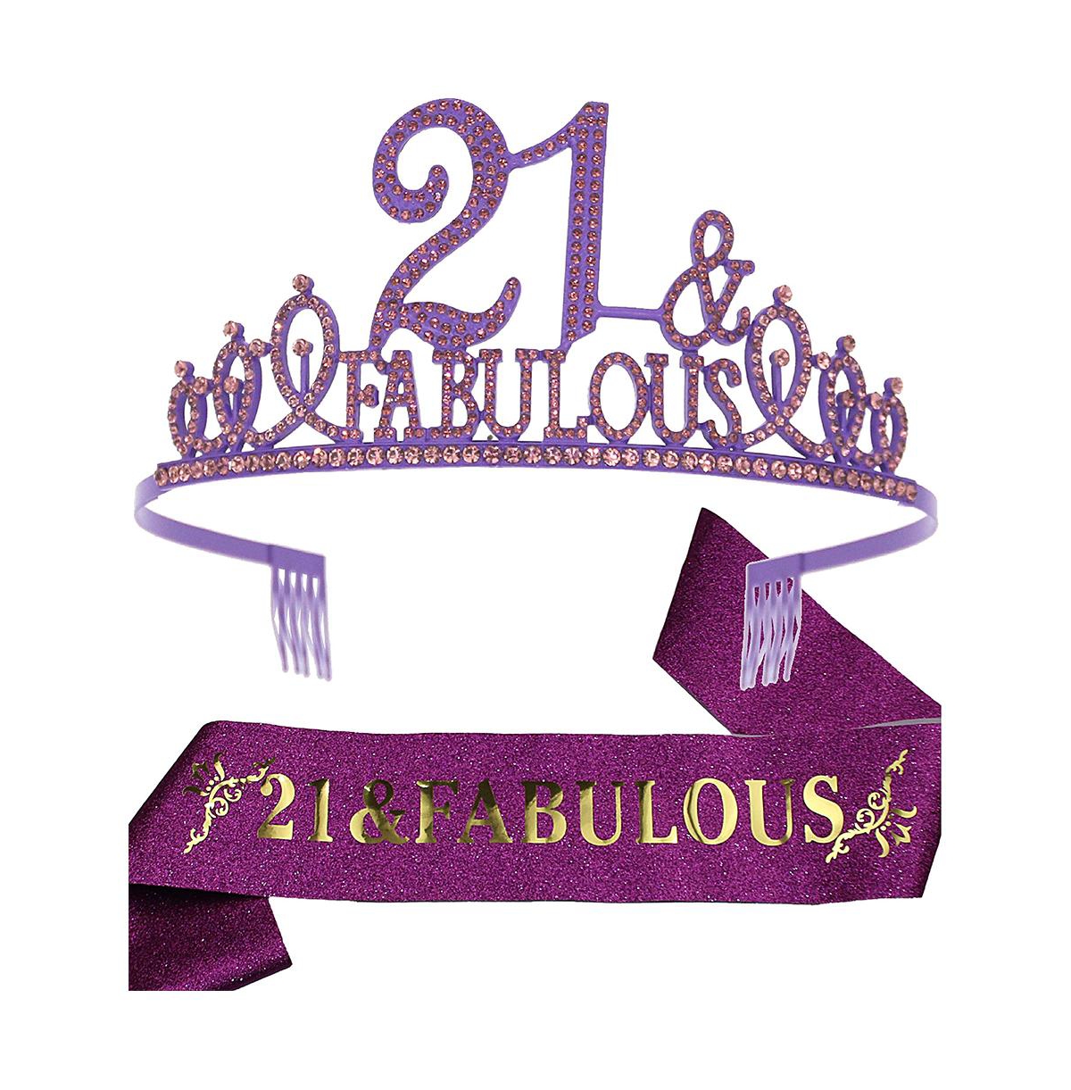 21st Birthday Sash and Tiara Set for Women - Glitter Sash and Fabulous Rhinestone Pink Metal Tiara, Perfect for 21st Birthday Party Celebration and Gi
