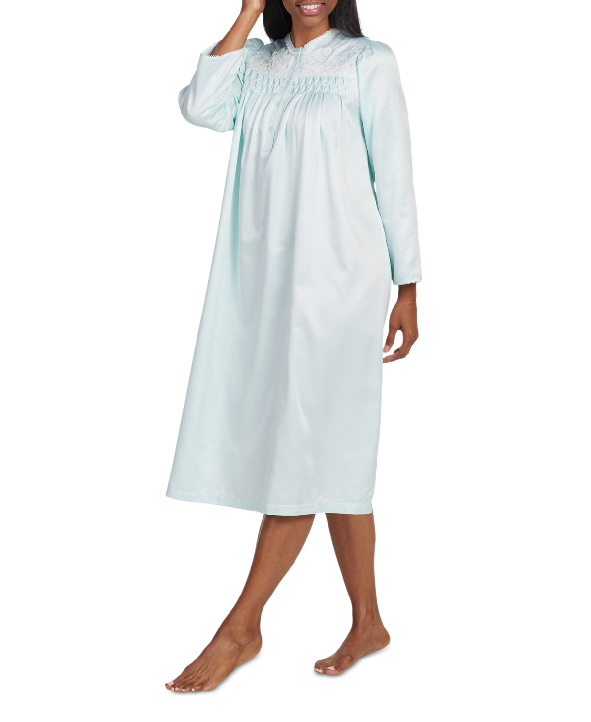 Women's Embroidered Button-Front Nightgown - Turquoise