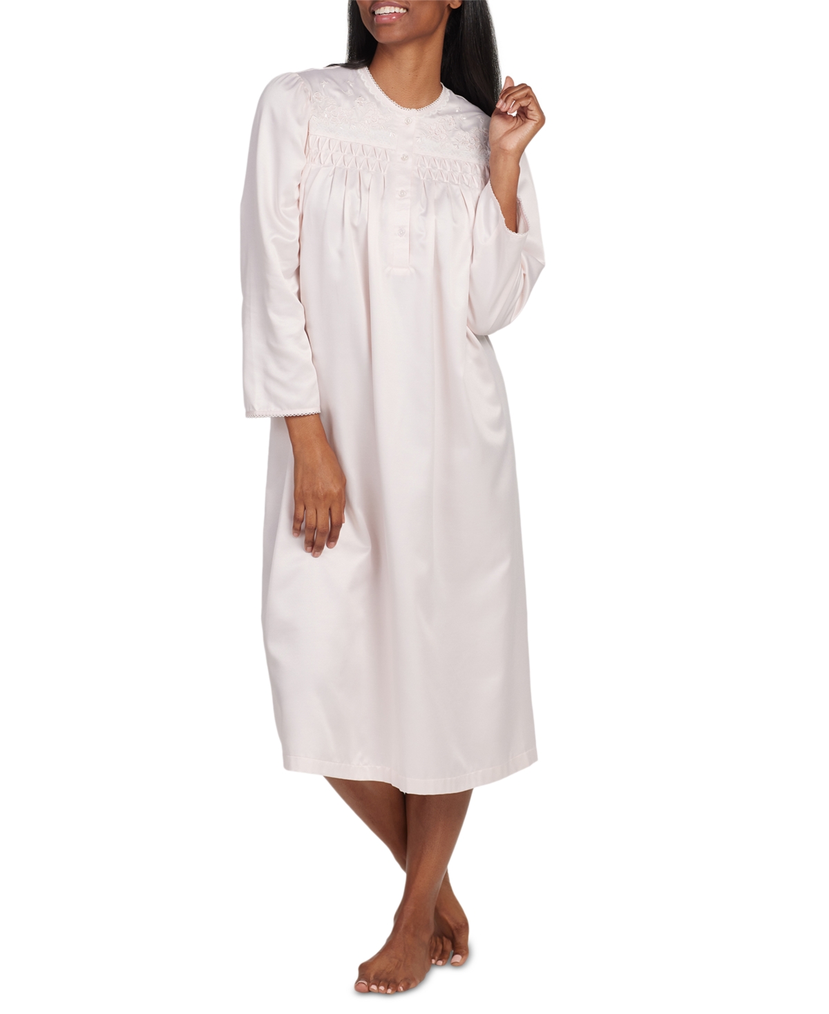 Women's Embroidered Button-Front Nightgown - Peach
