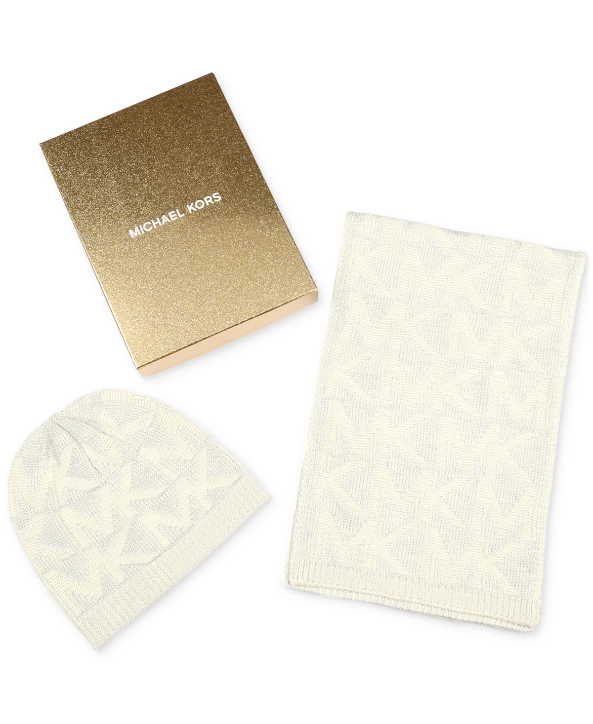 Michael Michael Kors Women's Debossed Knit Metallic Beanie & Scarf Set