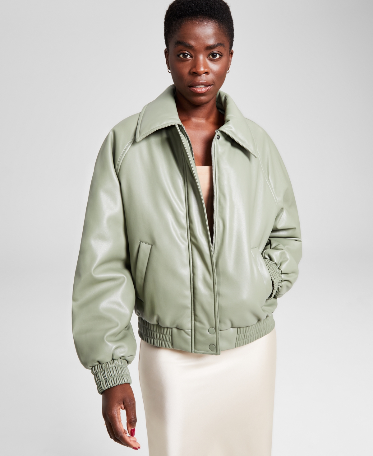 And Now This Women's Faux-leather Bomber Jacket, Created For Macy's In Green