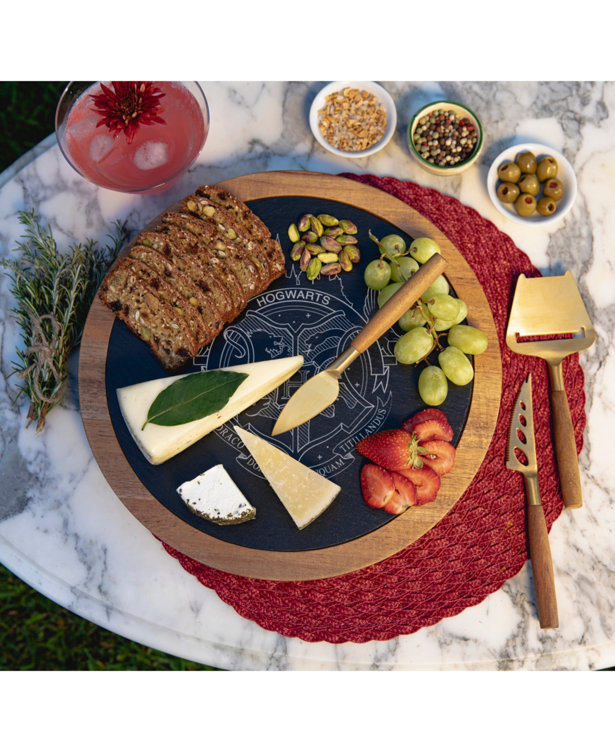 Harry Potter Hogwarts Insignia Acacia and Slate Charcuterie Board with Cheese Tools - Acacia Wood Slate Black with Gold Accent