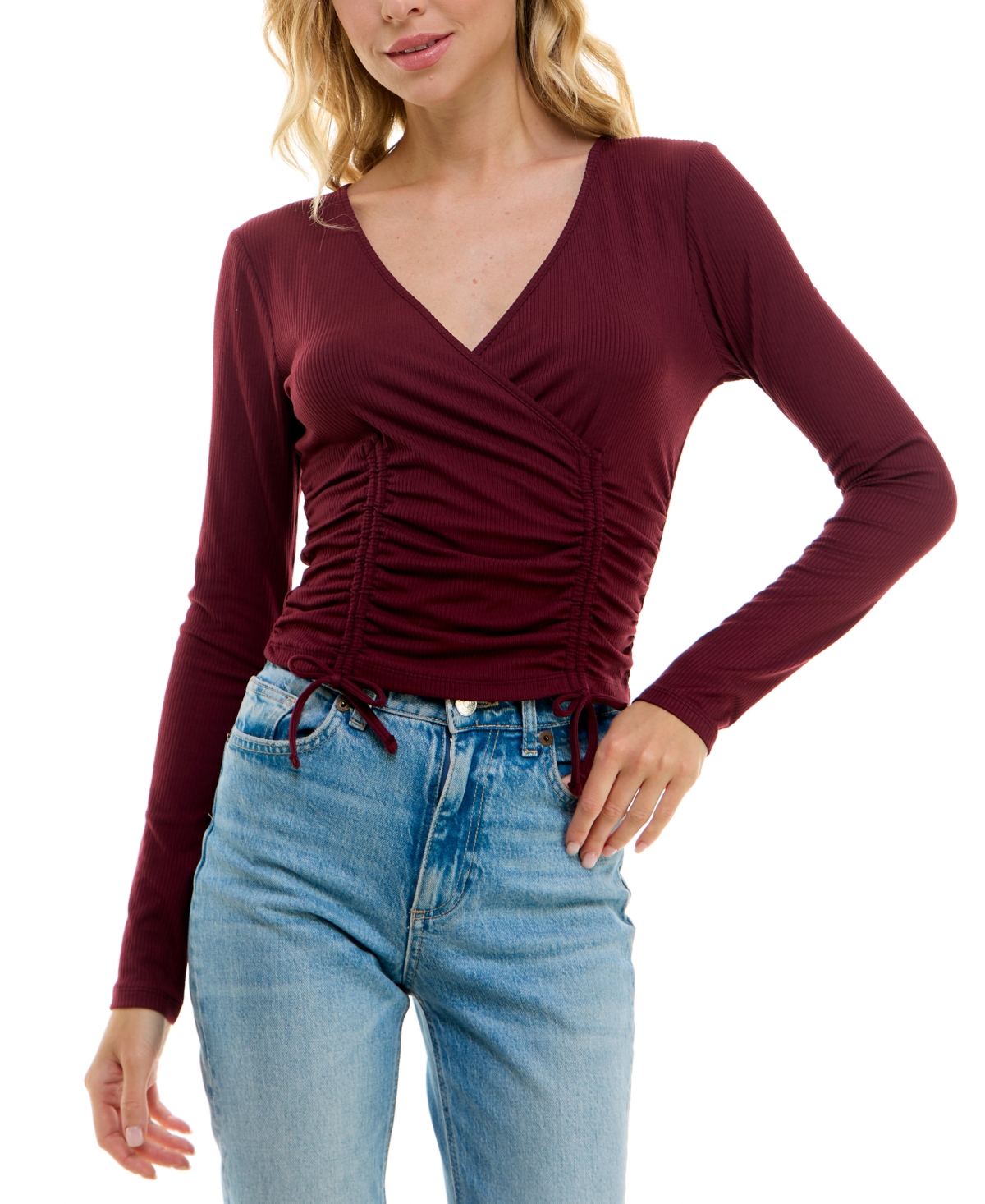Ultra Flirt Juniors' Ruched Ribbed Drawstring Top In Windsor Wine