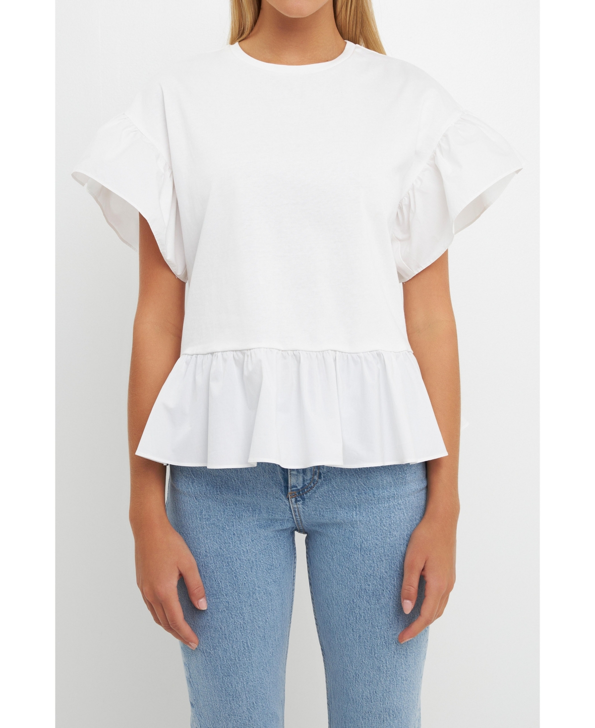 English Factory Mixed Media Flutter Sleeve Peplum Cotton Top In White