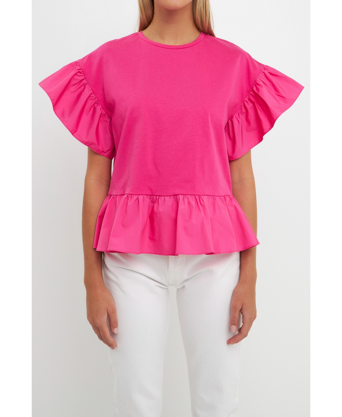 English Factory Mixed Media Flutter Sleeve Peplum Cotton Top In Fuchsia