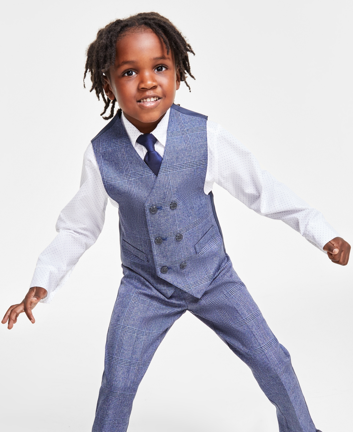 Nautica Kids' Toddler And Little Boys Shirt, Windowpane Vest, Pants & Neck Tie Set, 4 Piece In Dark Blue
