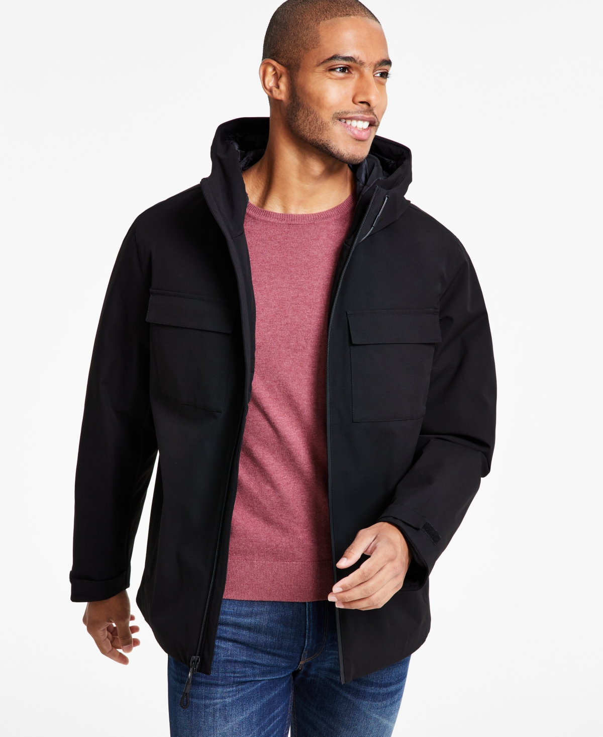 Men's Hooded Zip-Front Two-Pocket Jacket - Black