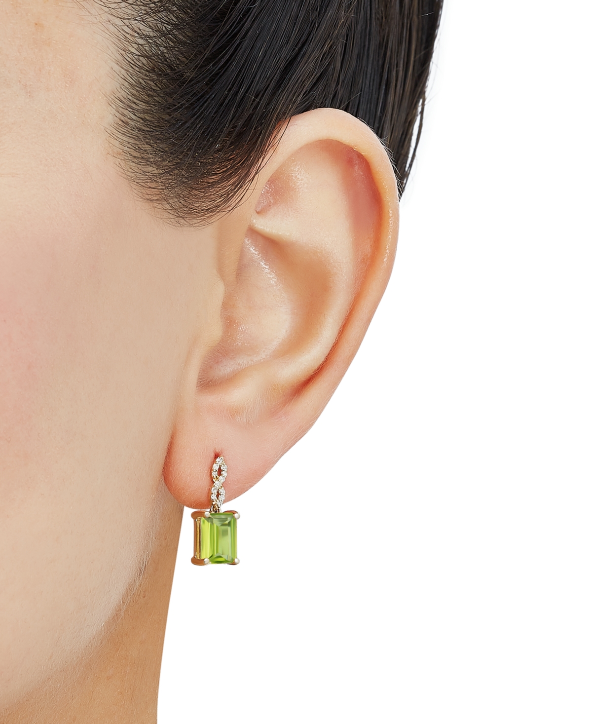 (3-1/5 ct. t.w.) & Diamond (1/10 ct. t.w.) Cushion Drop Earrings in 14k Gold - Peridot