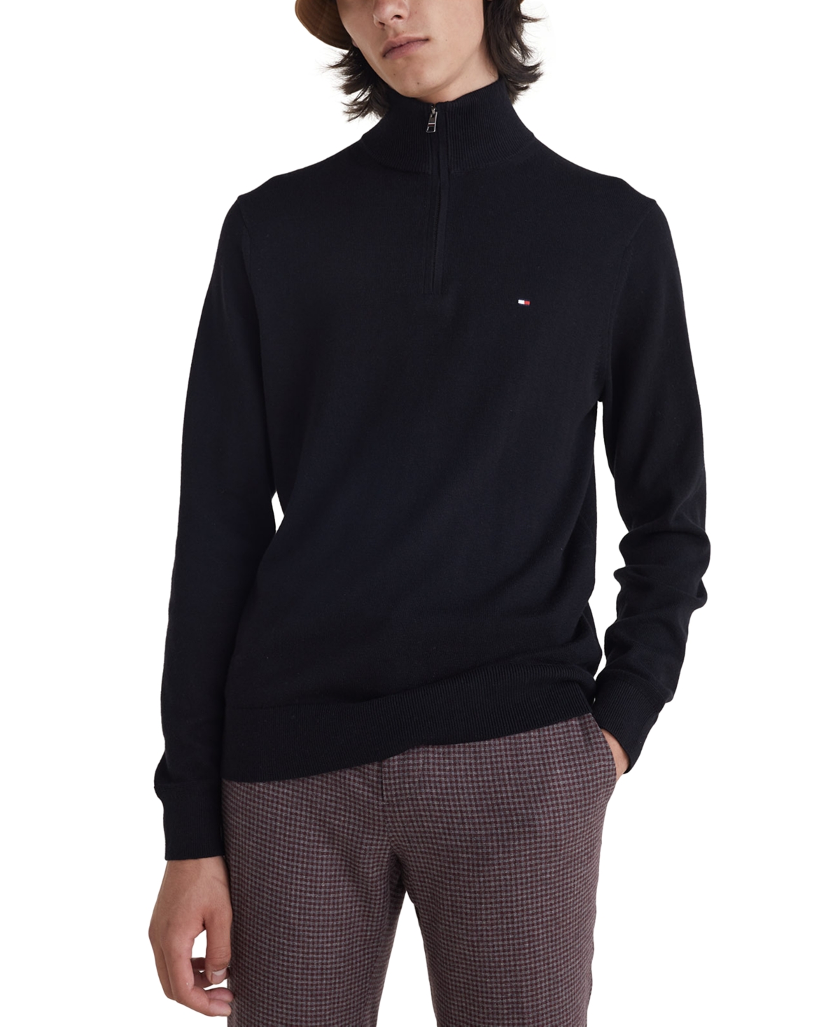 Tommy Hilfiger Men's Regular-fit Pima Cotton Cashmere Blend 1/4-zip Mock Neck Sweater In Black