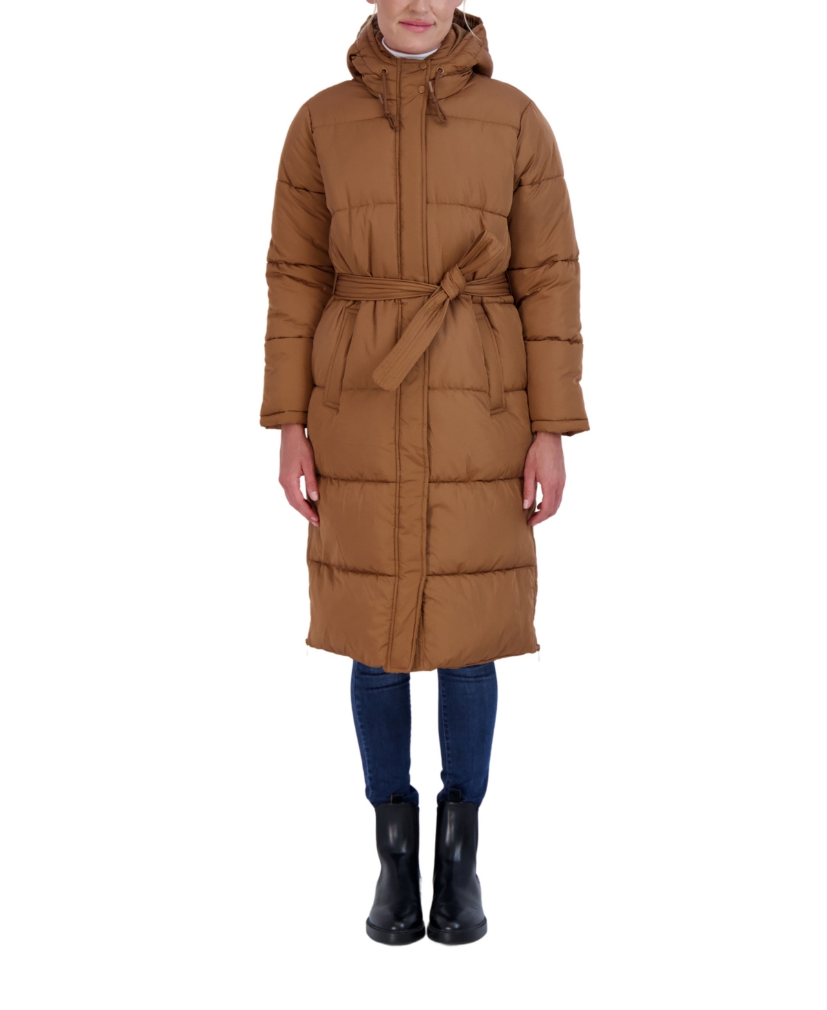 Women's Long Puffer Jacket with Hood and Belt - Olive