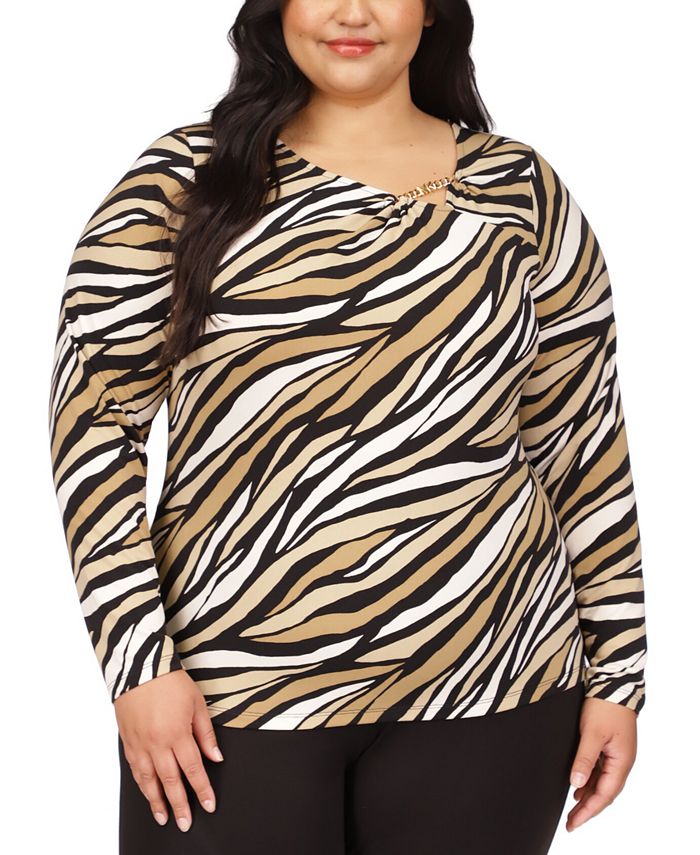 Michael Kors Plus Size Embellished Asymmetric Tiger Stripes Top