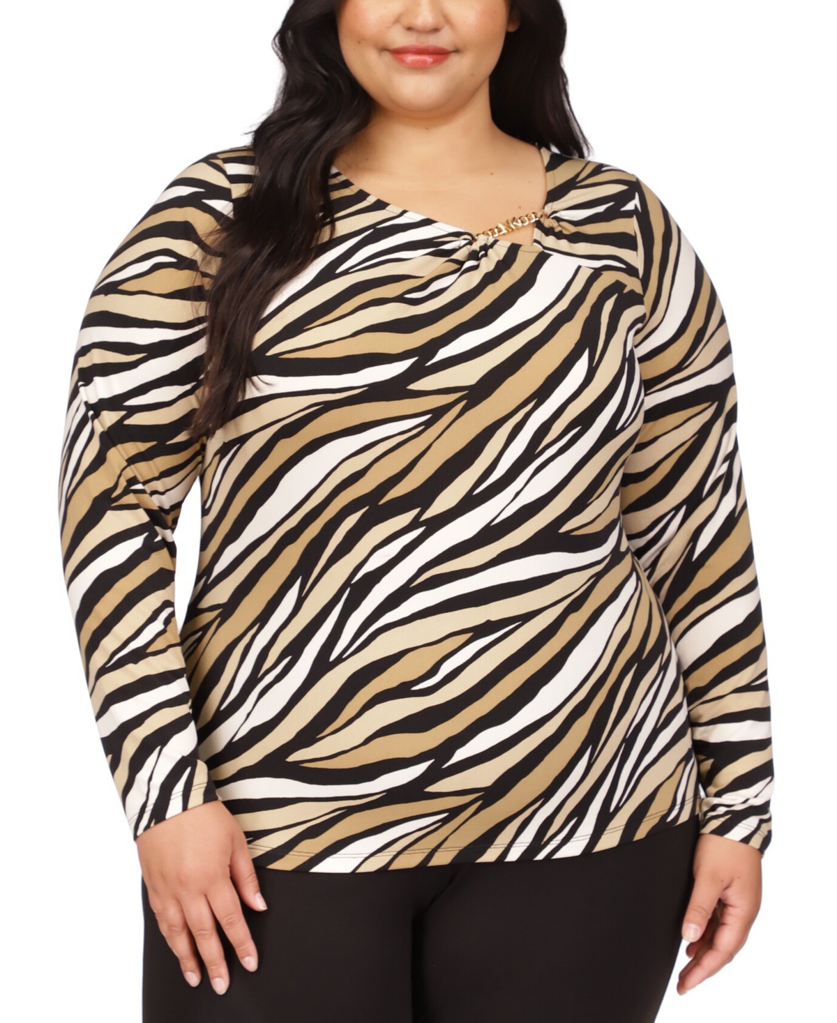 Michael Kors Michael  Plus Size Embellished Asymmetric Tiger-stripes Top In Khaki