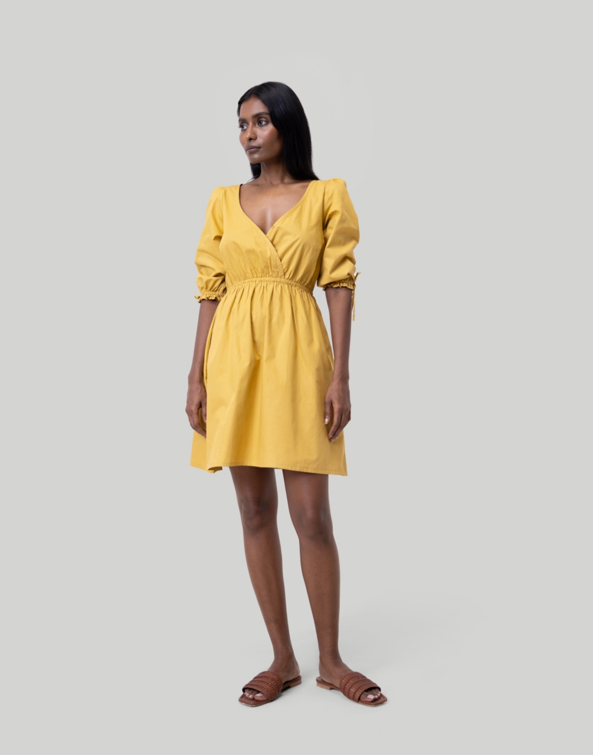 Women's Gathered Elbow Sleeve Short Dress - Mustard