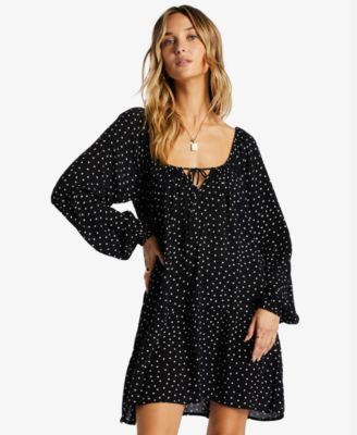 Billabong - Juniors' Lucky You Dot-Print Tie-Neck Blouson-Sleeve Baby-Doll Dress