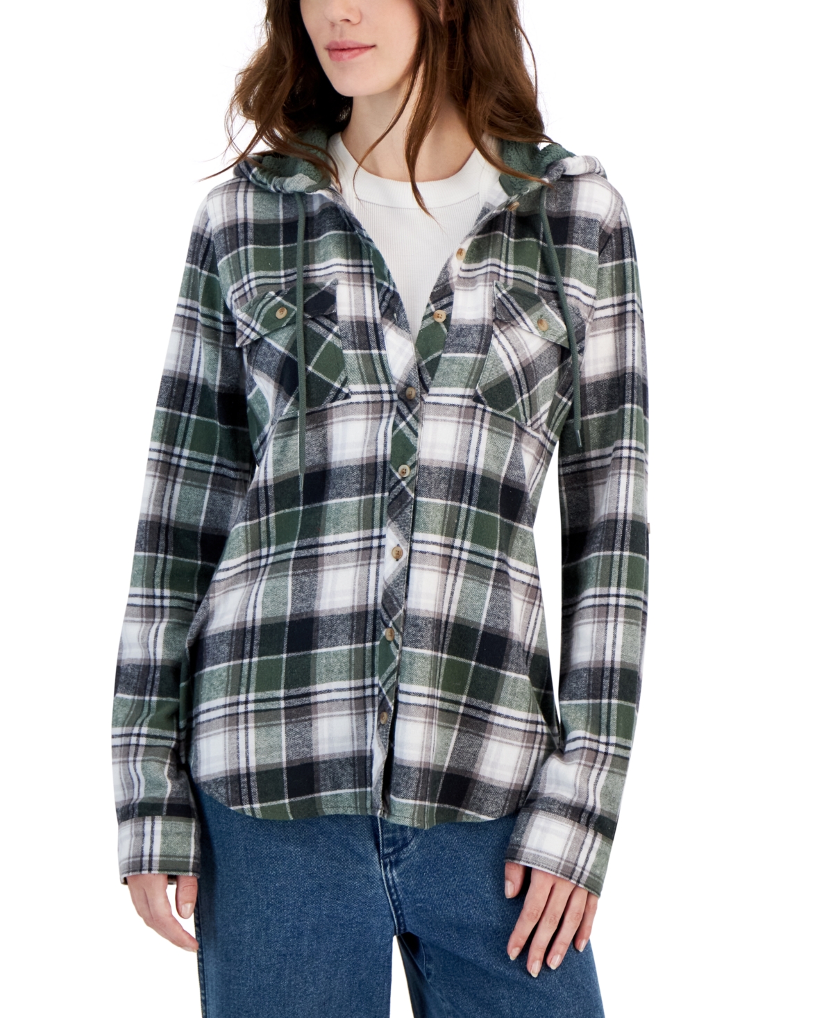 Juniors' Plaid Sherpa Hooded Button-Up Shacket - Olive Plaid