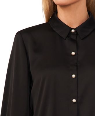 Women's Luxe Satin Imitation Pearl Button Down Blouse