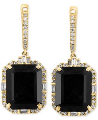 EFFY&reg; Onyx & Diamond (3/8 ct. t.w.) Dangle Hoop Earrings in 14k Gold