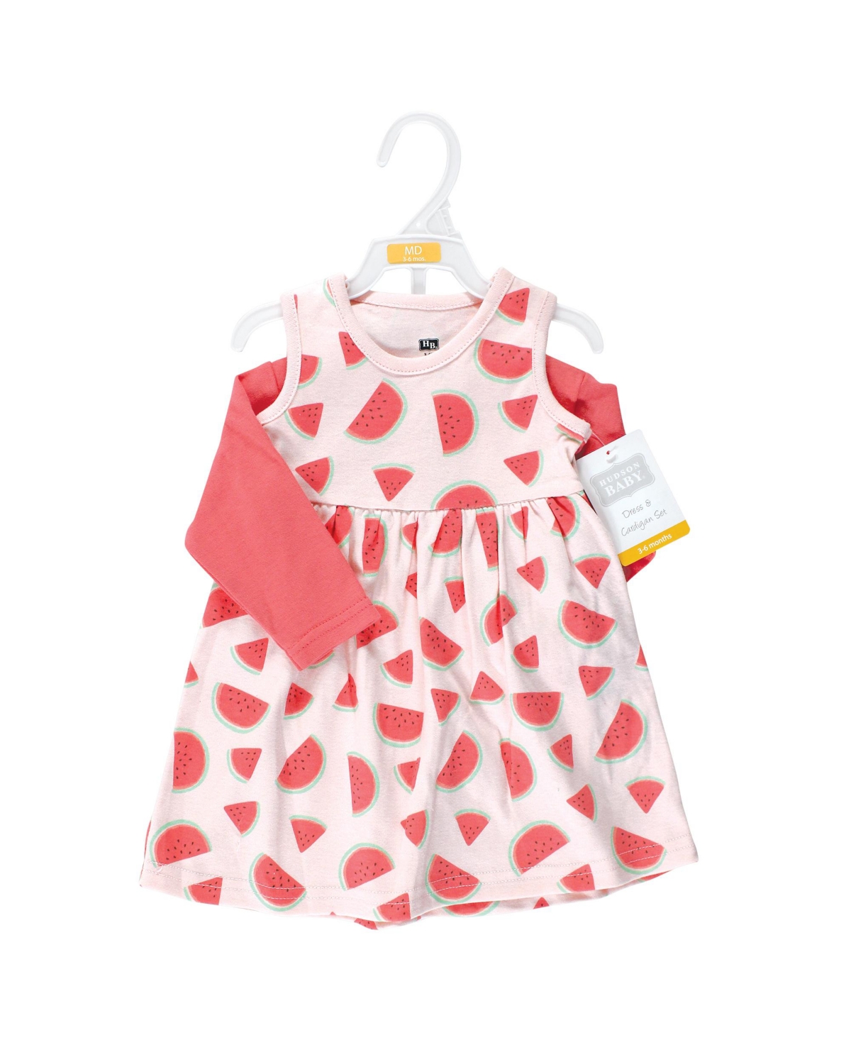 Hudson Baby Toddler Girls Cotton Dress and Cardigan 2pc Set, Coral Watermelon