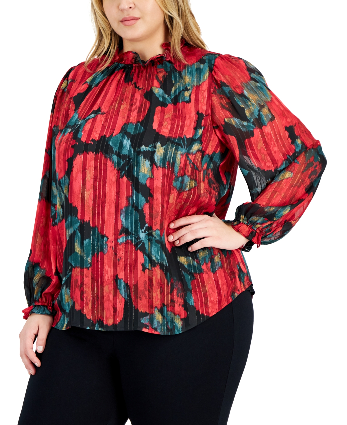 Anne Klein Plus Size Printed Pleated Blouson-sleeve Top In Anne Black,titian Red