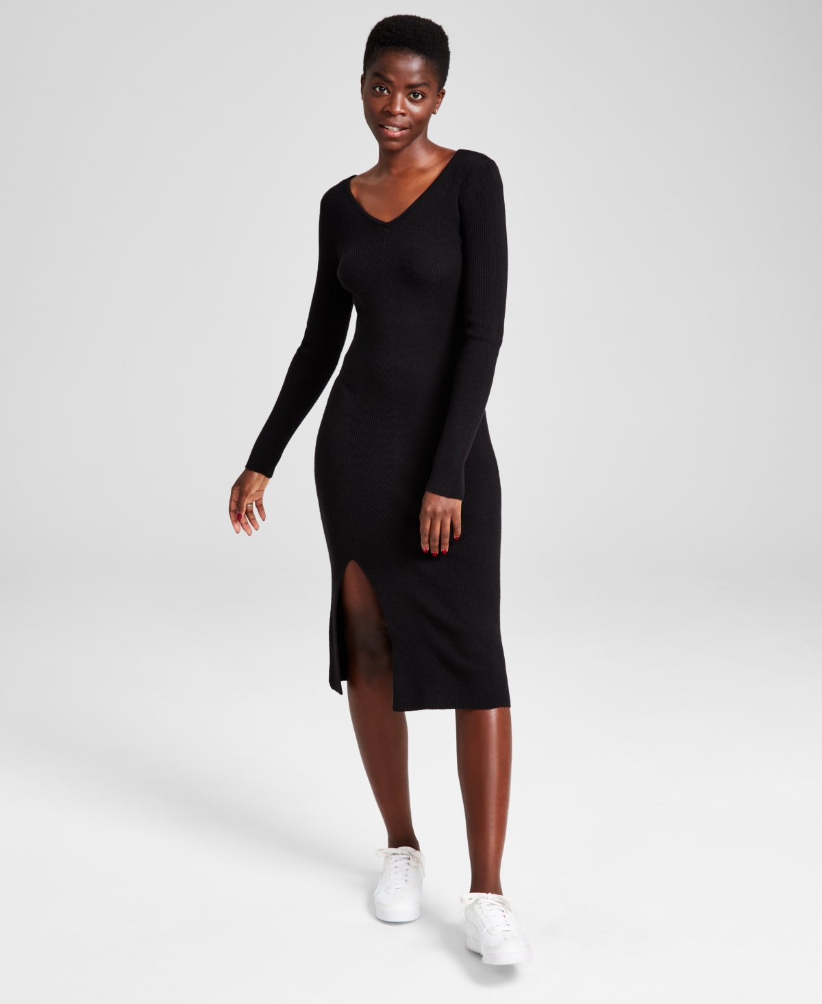 And Now This Women's V-neck Midi Sweater Dress, Created For Macy's In Black