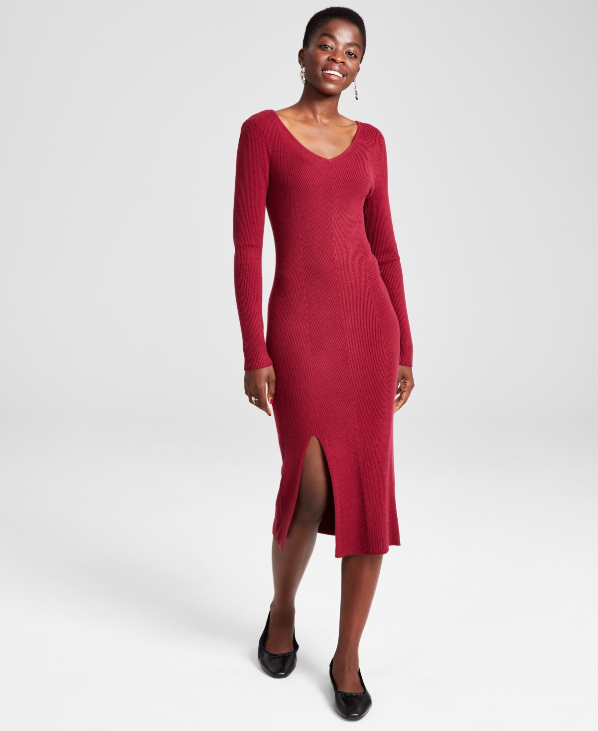 And Now This Women's V-neck Midi Sweater Dress, Created For Macy's In Clay Red
