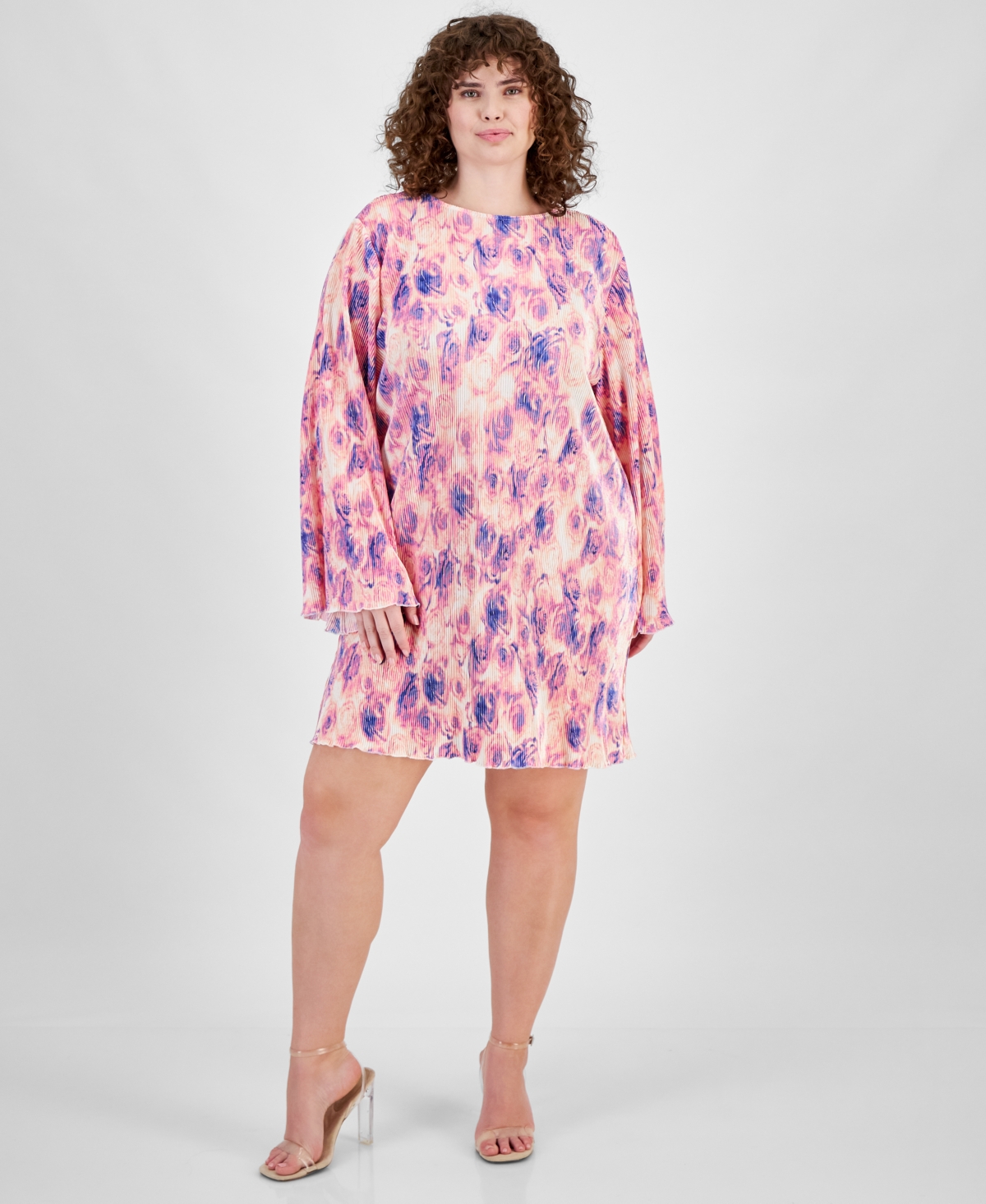 Bar Iii Plus Size Printed Plisse Open-back Mini Dress, Created For Macy's In Riley Rose