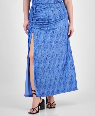 Bar III - Plus Size Printed Ruched Slit-Front Mesh Maxi Skirt