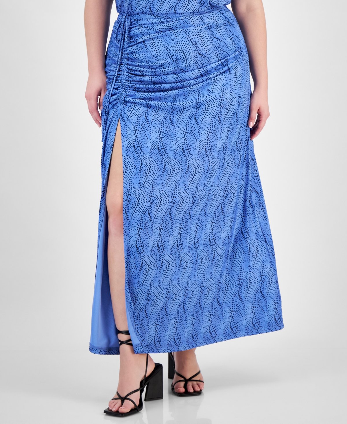 Bar Iii Plus Size Printed Ruched Slit-front Mesh Maxi Skirt, Created For Macy's In Wavy Dots