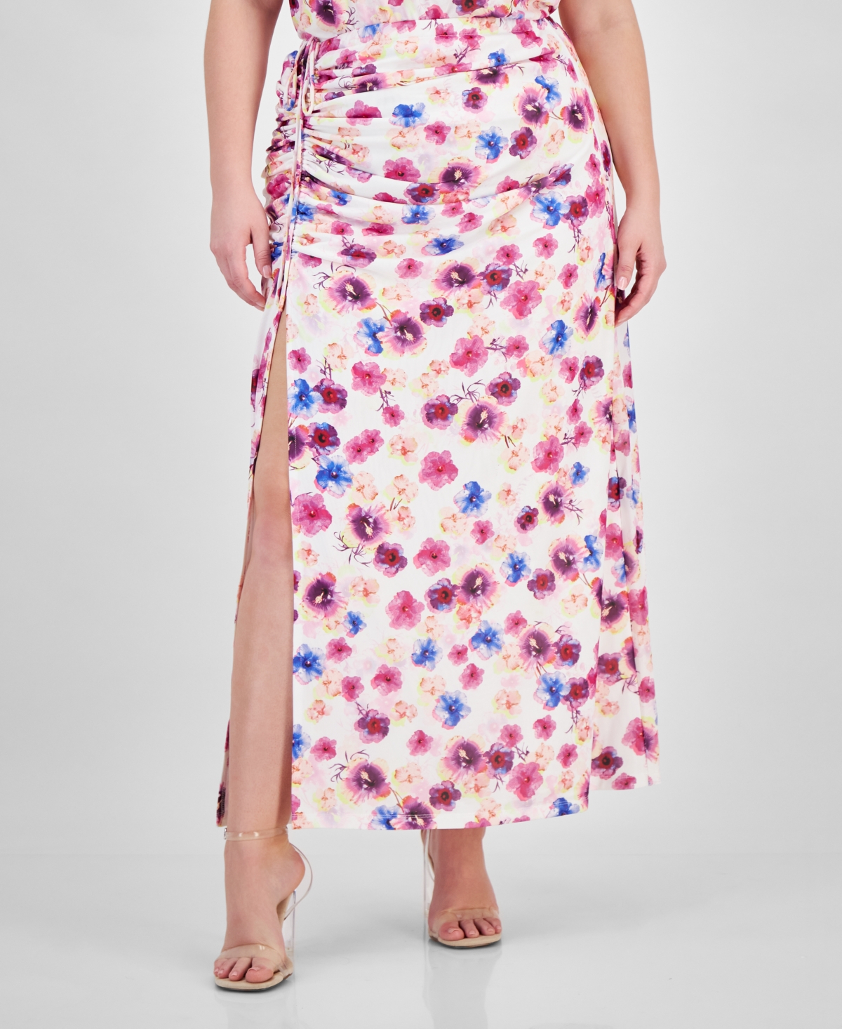 Bar Iii Plus Size Printed Ruched Slit-front Mesh Maxi Skirt, Created For Macy's In Tatiana Tropical