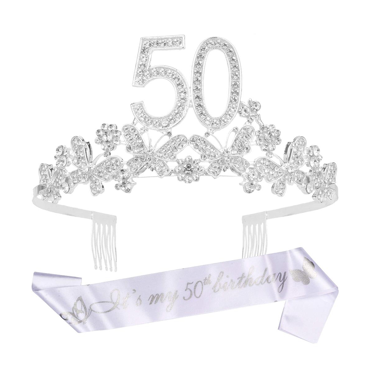50th Birthday Sash and Tiara Set for Women - Perfect for Celebrating Her 50th Birthday Party - Silver