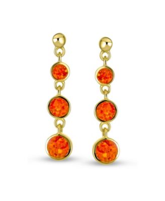 Geometric 3 Bezel Round Disc Linear Circle Synthetic Opal Dangle Earrings Sterling Silver