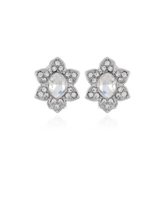 Silver-Tone Clear Glass Stone Flower Stud Clip-On Earrings
