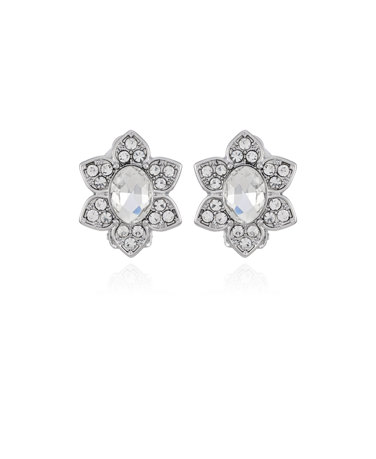 Silver-Tone Clear Glass Stone Flower Stud Clip-On Earrings - Silver