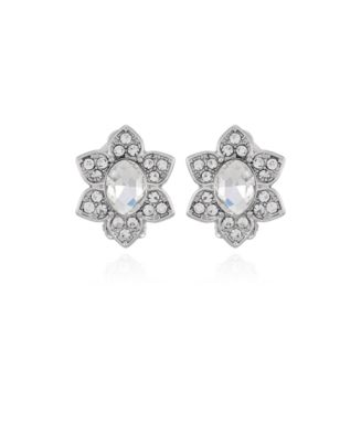 T Tahari Silver-Tone Clear Glass Stone Flower Stud Clip-On Earrings ...