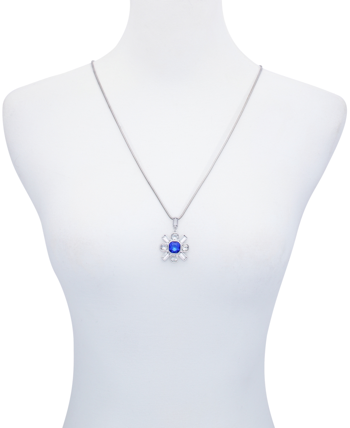 T TahariTone Blue Sapphire Glass Stone Flower Pendant Chain Necklace, + Extender - Silver