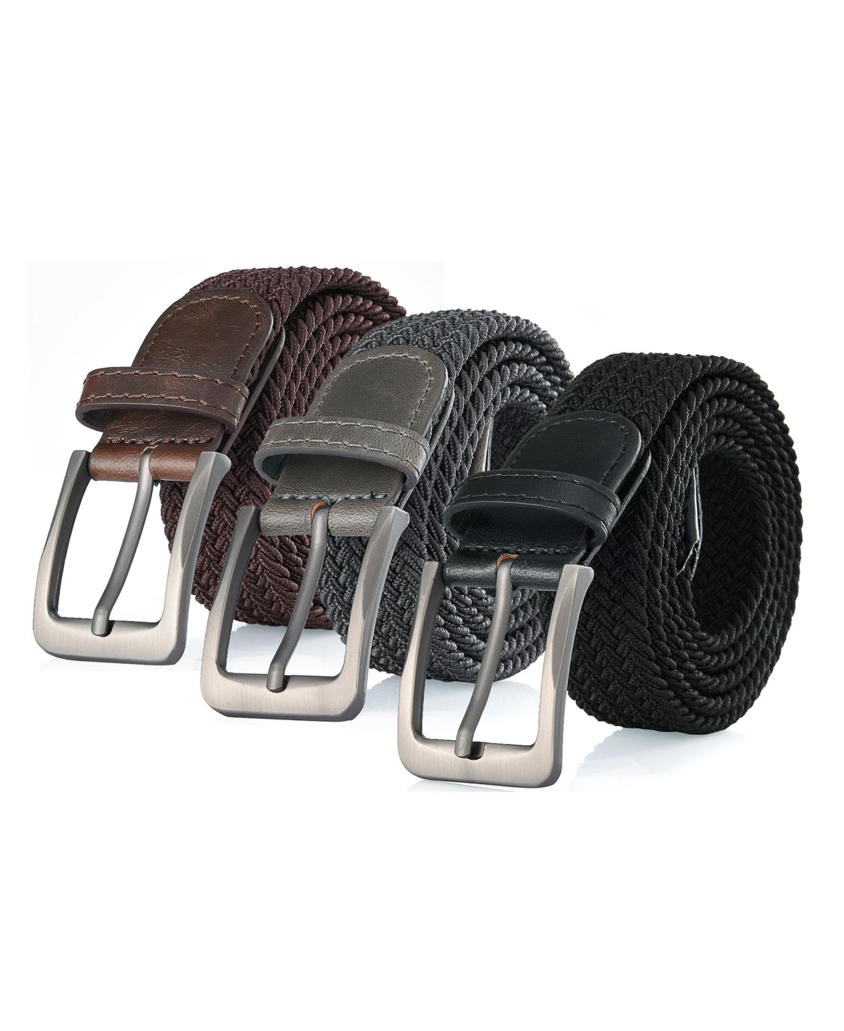 Men's Elastic Braided Stretch Belt for Big & Tall Pack of 3 - Black/brown/gray