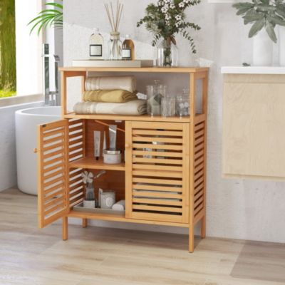 Bamboo Floor Cabinet Bathroom Storage Cabinet Storage Organizer w/ Shutter Doors