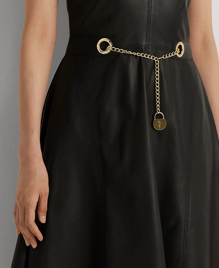 Ralph Lauren Women's Belted Herringbone 3/4 Sleeve V Neck Tea Length Fit Flare Wear to Work Dress Black Size 2