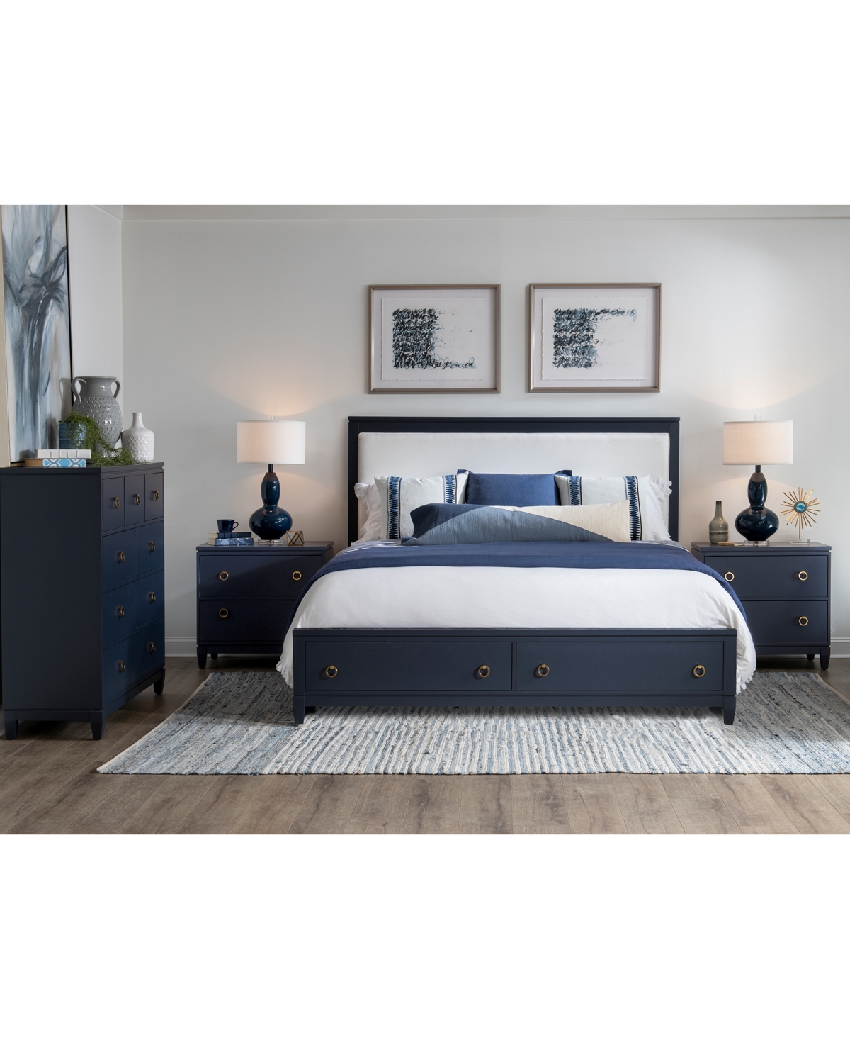 Shop Macy's Summerland 3pc Bedroom Set (california King Upholstered Storage Bed, Chest, Nightstand) In Blue