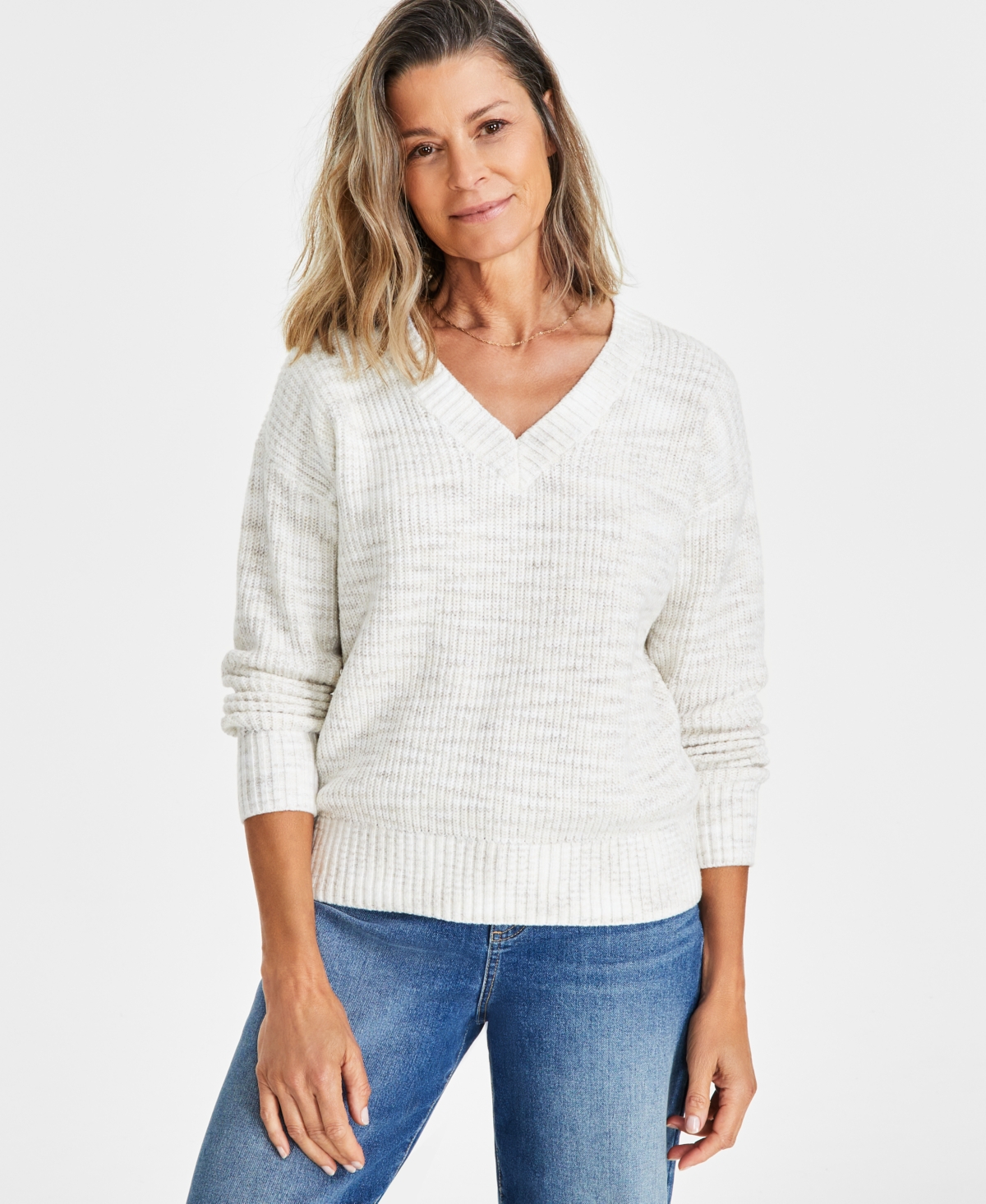 Style & Co Women's Spacedyed V-neck Sweater, Pp-4x, Created For Macy's In Cream