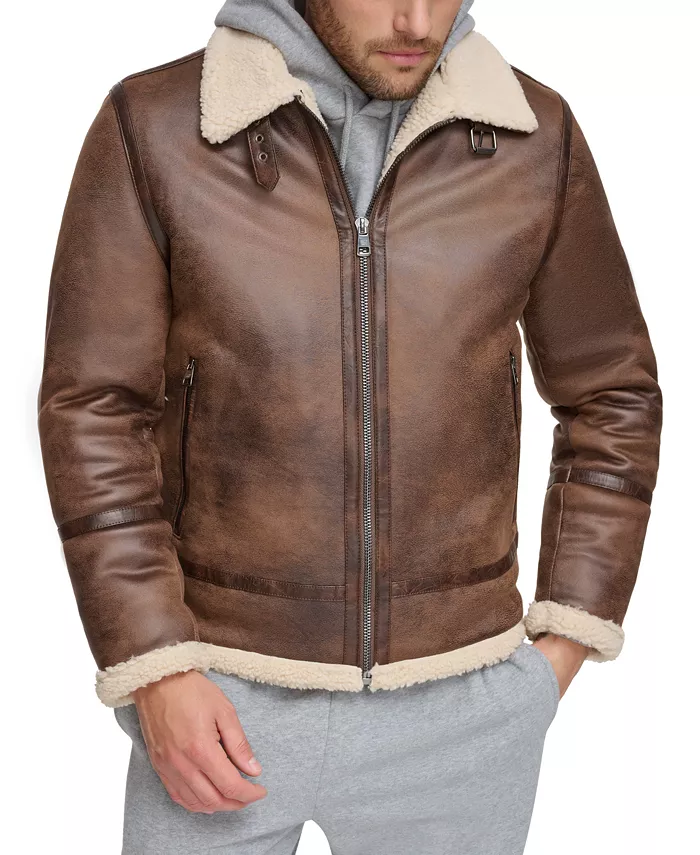 Men's Classic Faux Leather Shearling B-3 Bomber Jacket
