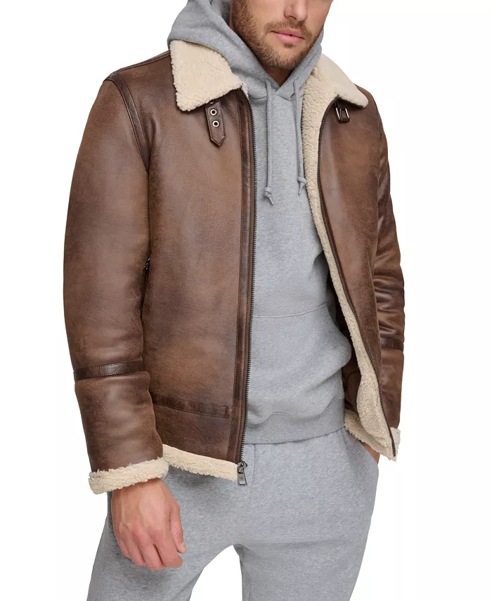 Men's Classic Faux Leather Shearling B-3 Bomber Jacket - thumbnail 3