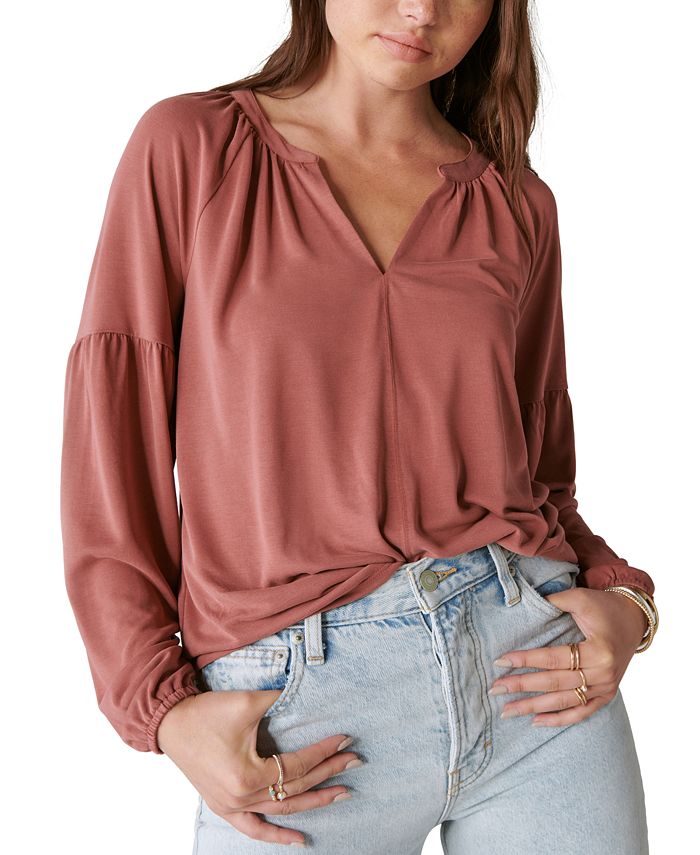 Lucky Brand Women's Long-Sleeve Notched-Neck Top - Macy's