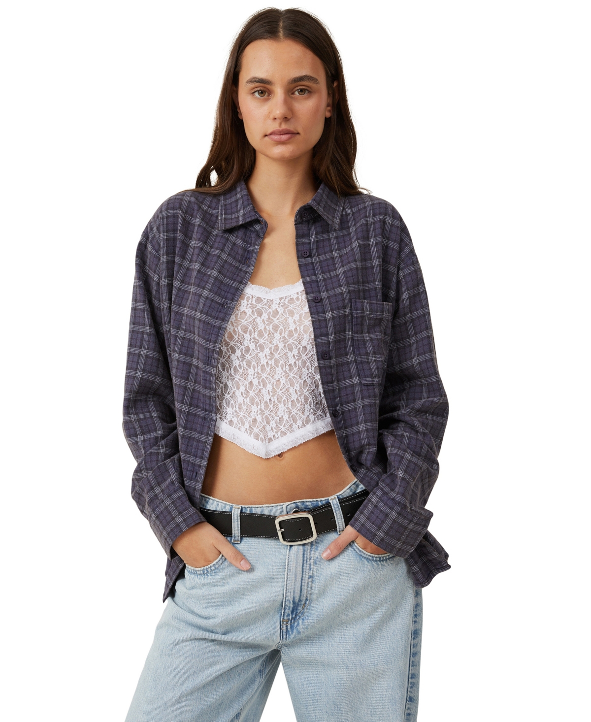 Cotton On Women's Boyfriend Flannel Shirt In Veronika Check Vintage Blue