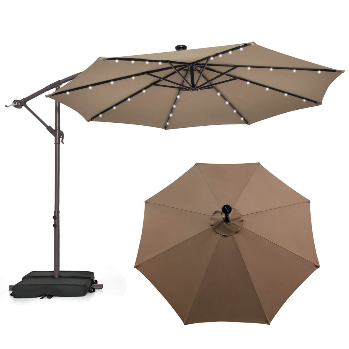 Patio 10FT Hanging Offset Umbrella 32 Led Lights Sand Bag Outdoor Cross Base - Brown