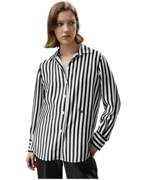 Женская рубашка LILYSILK Classic Striped Silk Regular Fit, цвет: Чёрный белый